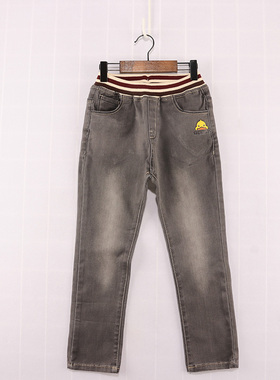 内销春秋款童装 男女童条纹腰前后口袋卡通直筒弹力牛仔裤92A-1-2