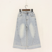 女童浅蓝水洗磨白斜分割线折边阔腿裤 内销春秋款 童装 D1c