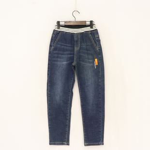B春秋款童装 男童黑白螺纹腰斜口袋白橙胶印弹力牛仔裤 D1E