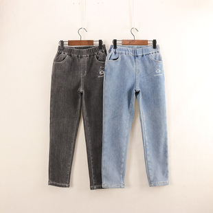 内销单秋冬款童装    男童两色左口袋卡通加绒弹力直筒牛仔裤