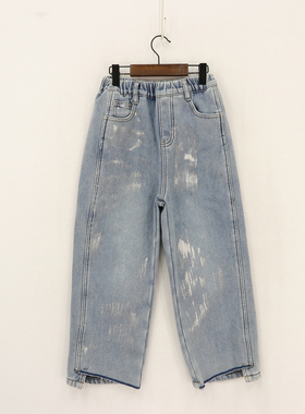 内销冬款童装女童女童正面涂层裤脚不规则毛边缺口加绒牛仔裤 D1N