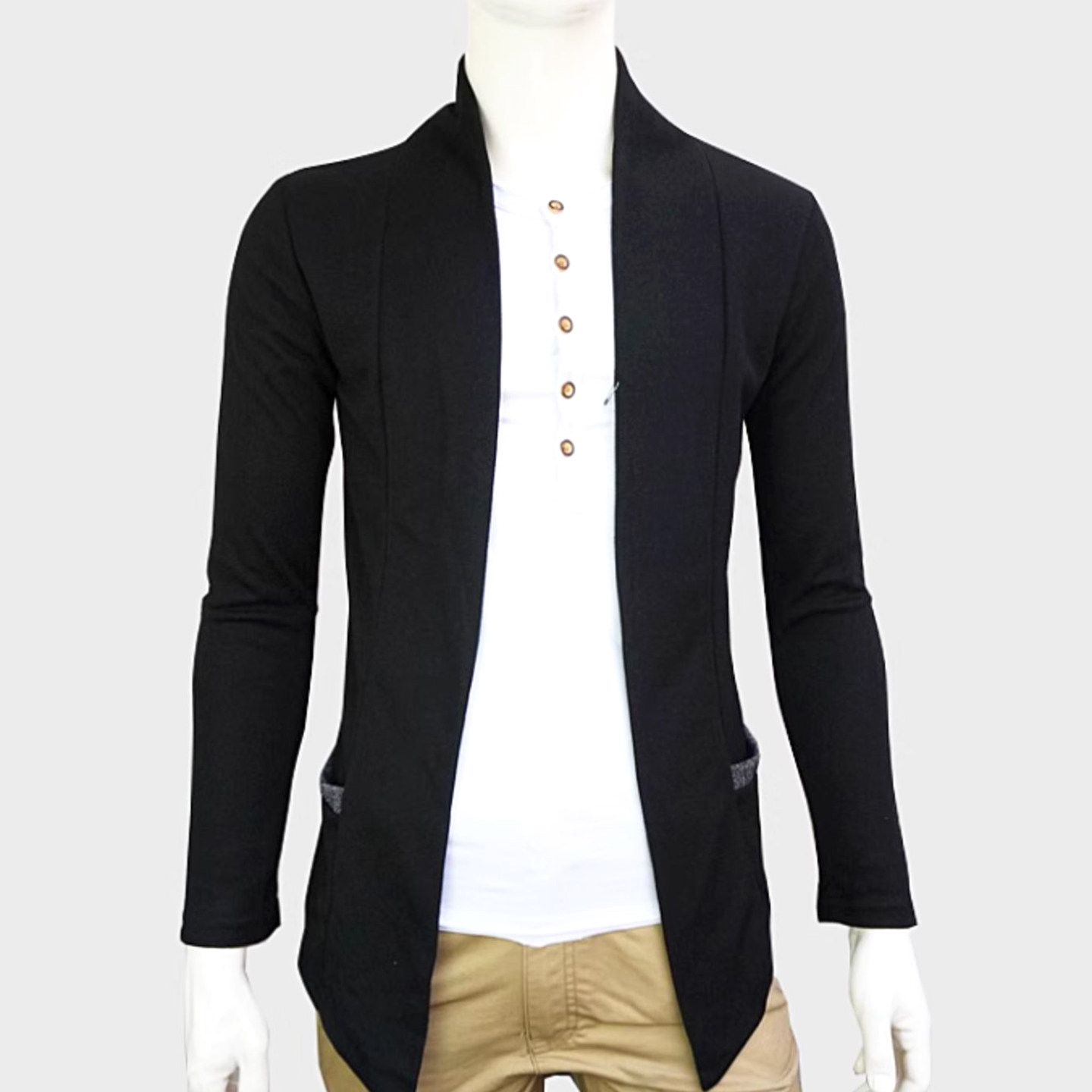薄款针织开衫男春秋韩版黑色无扣针织衫外套潮流帅气修身长袖外衣