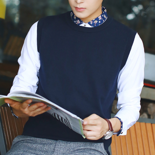 圆领毛背心男秋冬薄款棉坎肩毛线背心潮流黑色无袖针织衫毛衣马甲