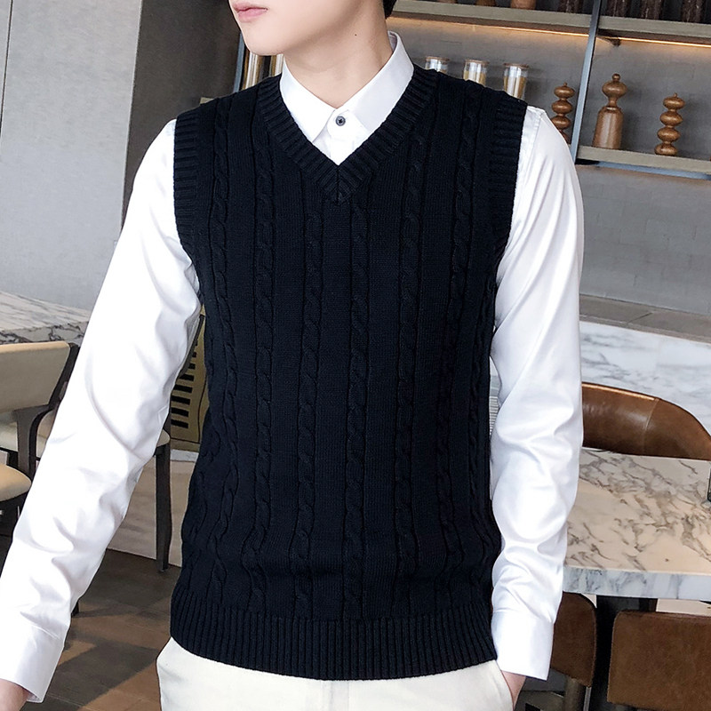 秋冬新款针织马甲男纯棉套头无袖针织衫坎肩复古麻花V领毛衣背心