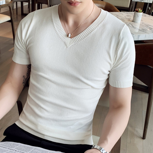 春秋薄款短袖针织衫t恤男V领白色套头打底衫青年纯色修身半袖上衣