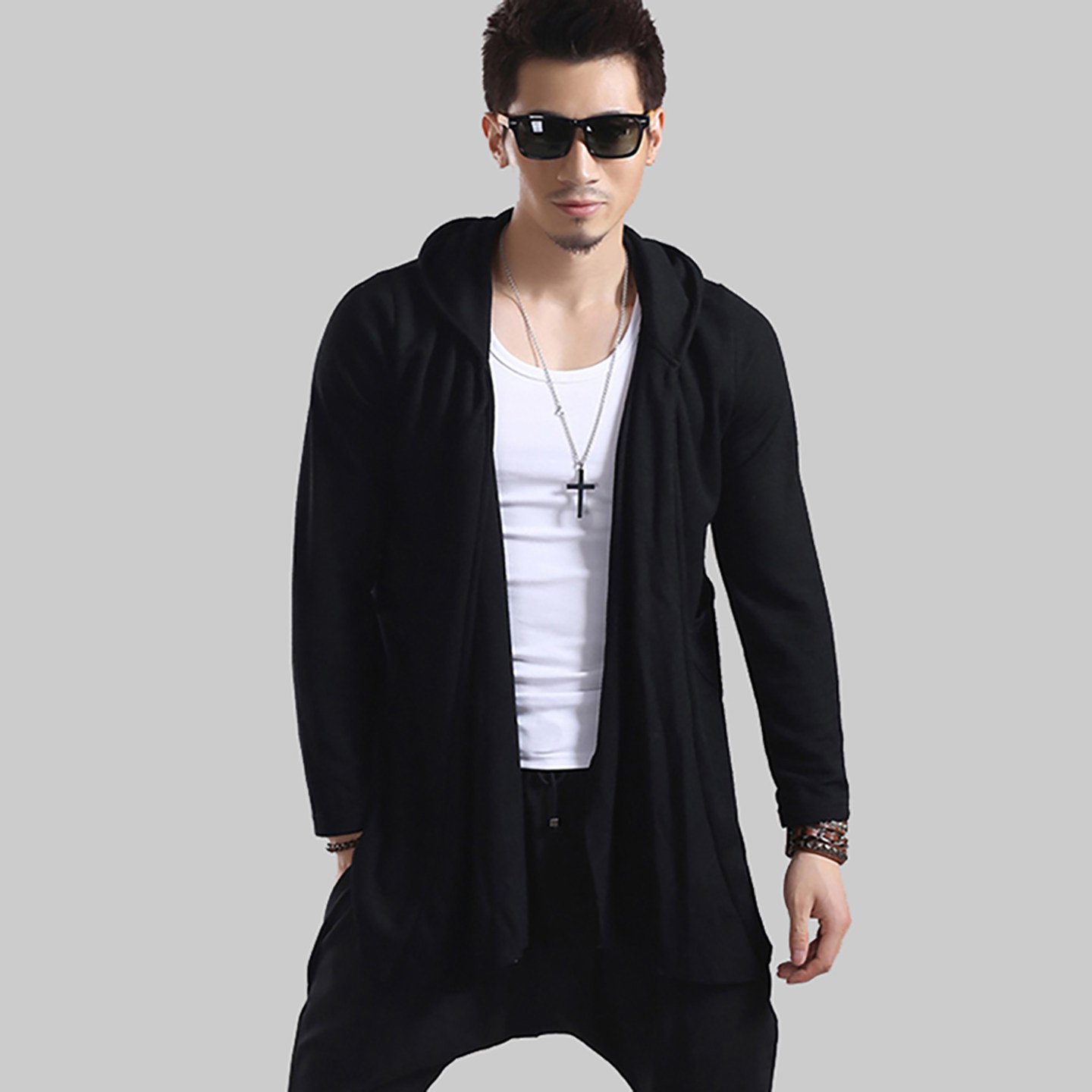 薄款外套男连帽衫春季潮流男装中长款开衫披风韩版休闲长袖针织衫