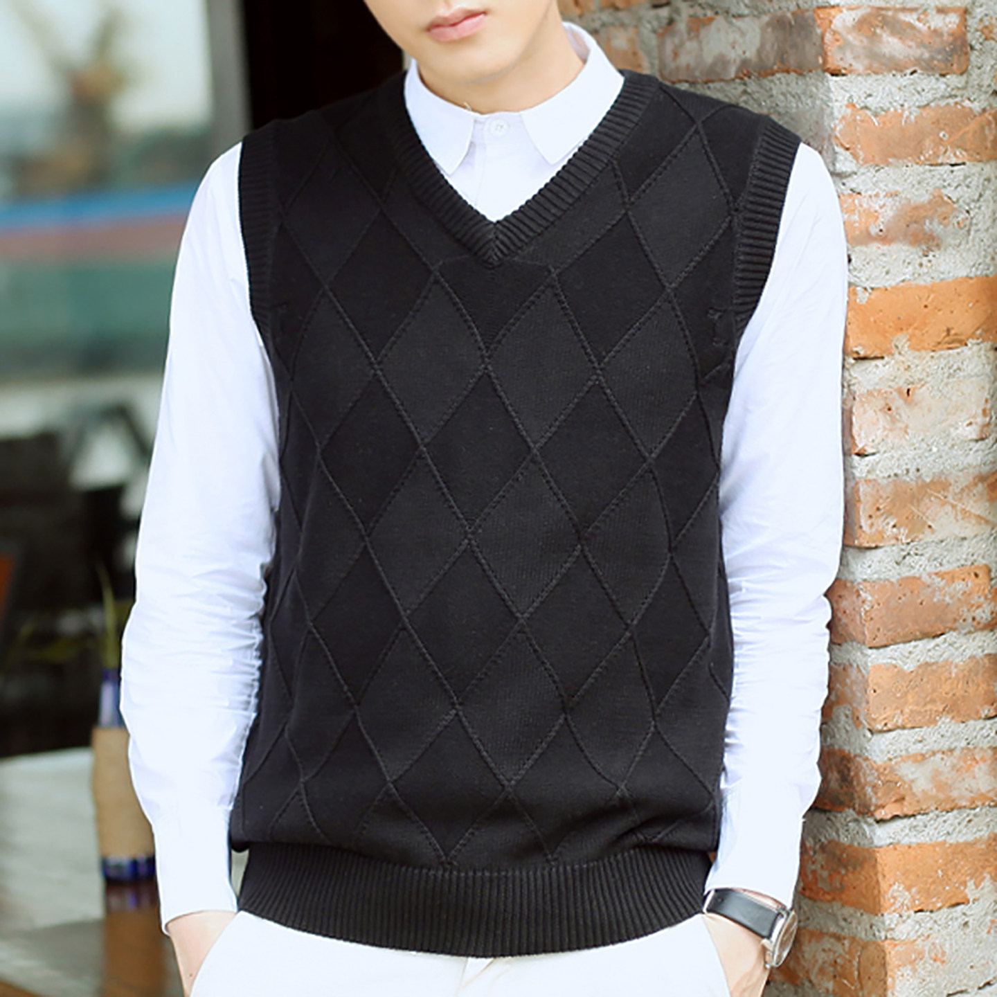 针织毛背心男秋冬休闲V领无袖毛衣坎肩潮流韩版纯棉黑色毛线马甲
