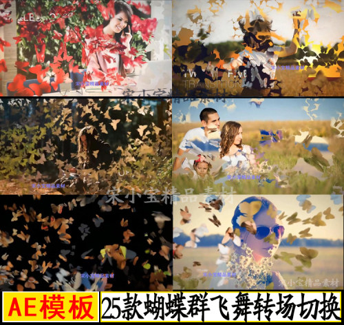 25款美妙蝴蝶群转场过渡动画效果AE模板飞舞翅膀划屏婚礼浪漫相册