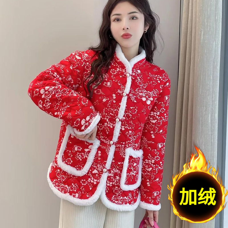 胖mm冬装新年喜庆时尚加绒大码遮肚子小棉衣女中国风碎花小棉服潮