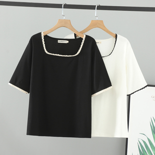 大码 胖妹妹女装 女上衣短袖 2026夏装 坑条方领撞色花边拼接T恤 新款