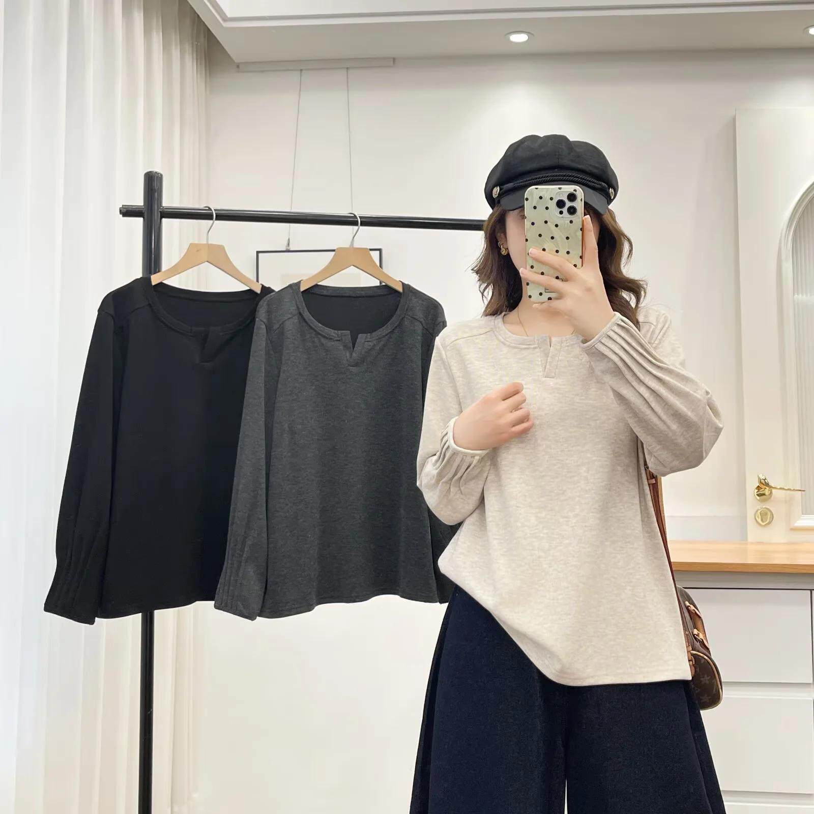 大码女装胖mm秋装T恤中年薄绒打底百搭200斤长袖褶皱小V领女上衣