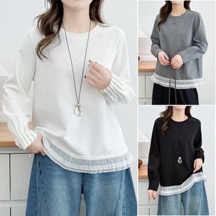 长袖 女装 宽松中年上衣圆领下摆蕾丝拼接200斤女T恤 大码 胖妹妹春装