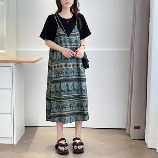 胖mm印花休闲裙子时髦圆领假两件洋气大码 夏装 长裙女 新款 2025女装