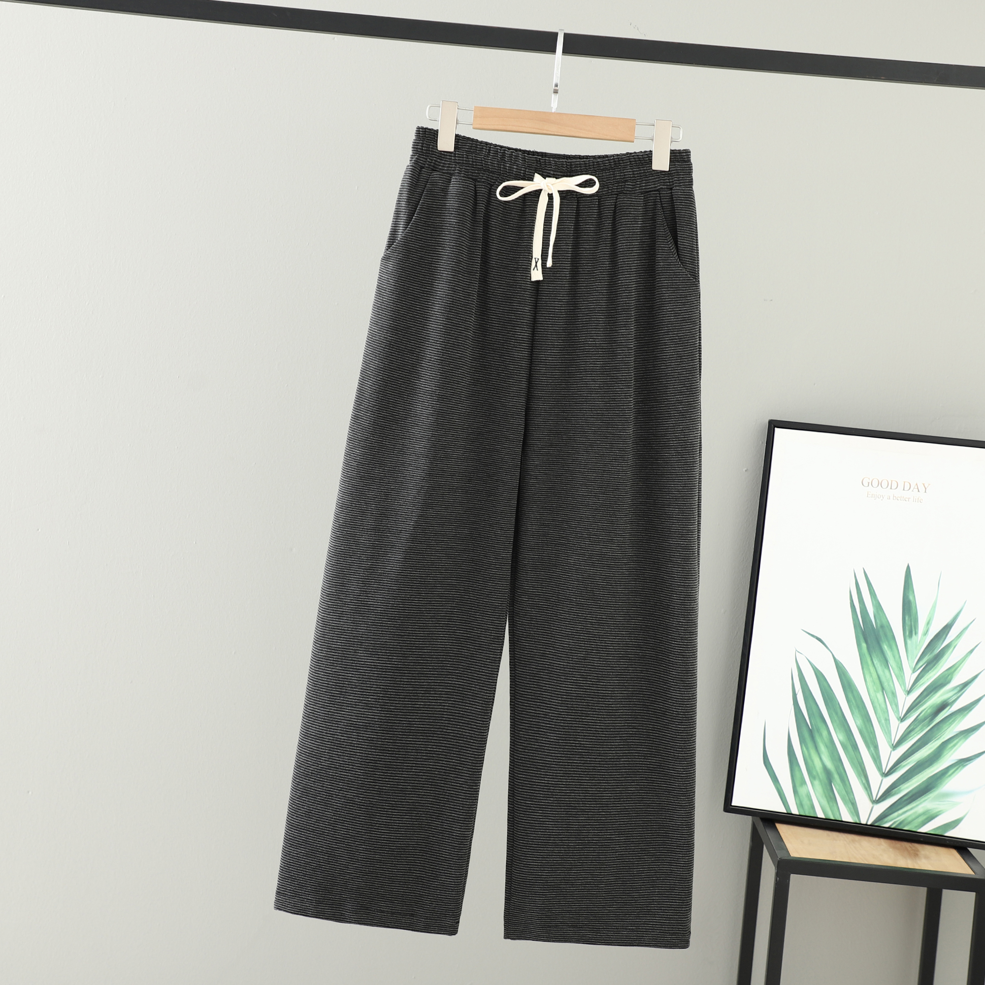 针织条纹抽绳直筒裤大码裤子女