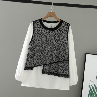 T恤女长袖 2026新款 胖mm圆领蕾丝撞色拼接假两件大码 女装 上衣 春装