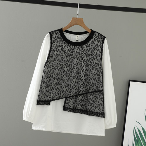 圆领蕾丝撞色拼接假两件大码T恤