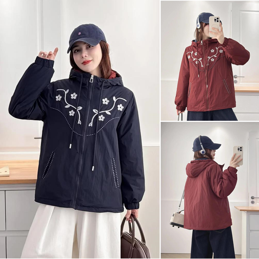 胖妹妹绣花宽松复古连帽外套女