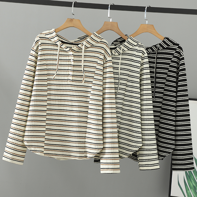 加肥加大码女装胖妹妹春装新款帽衫洋气条纹上衣女200斤连帽卫衣