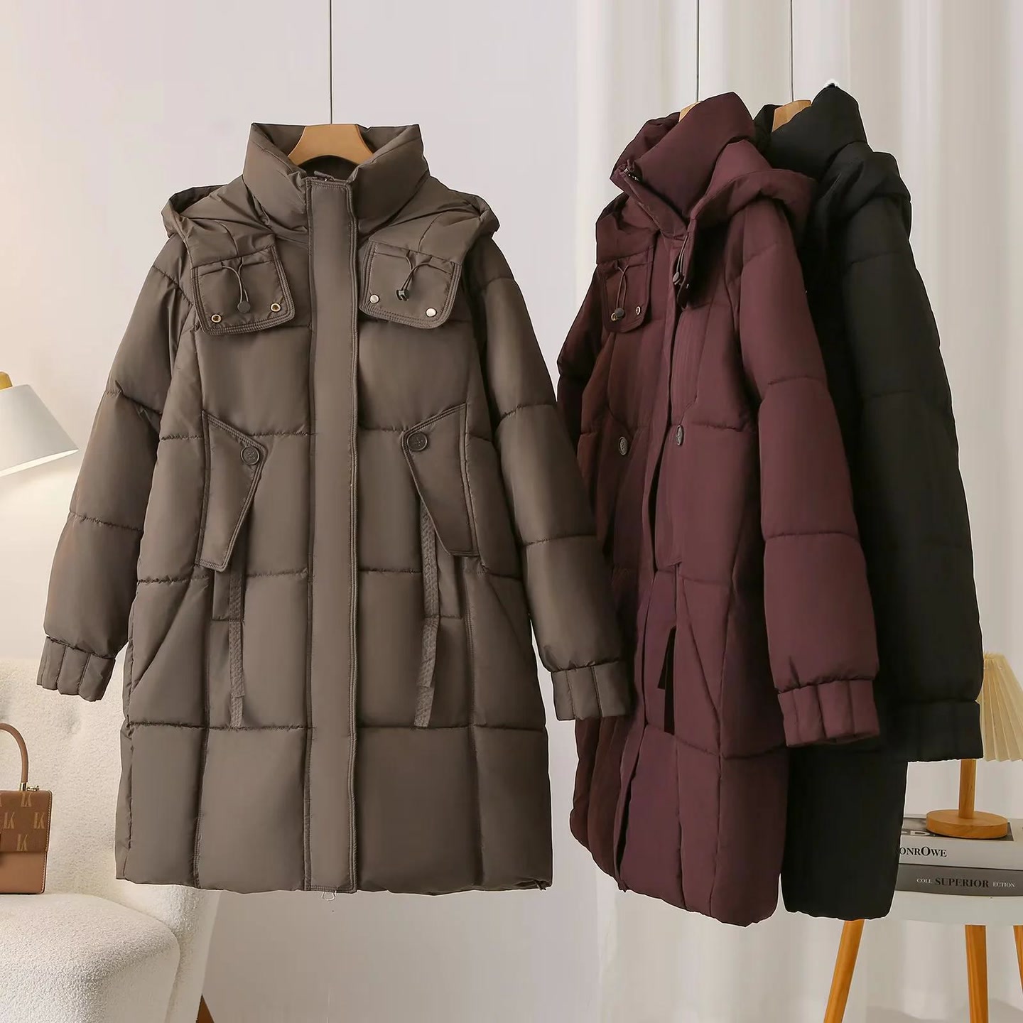 胖mm大码纯色中长款连帽棉服