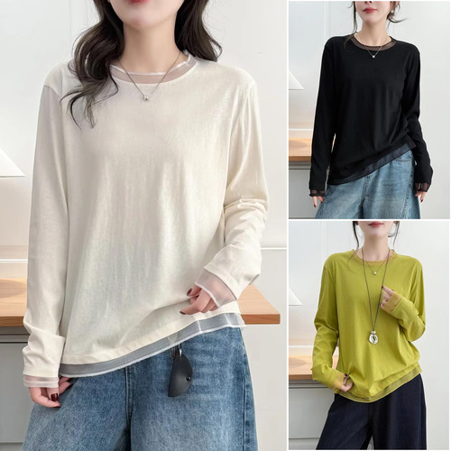 大码中年女圆领蕾丝长袖打底T恤