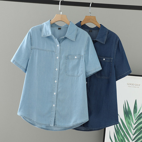大码牛仔翻领短袖上衣女装