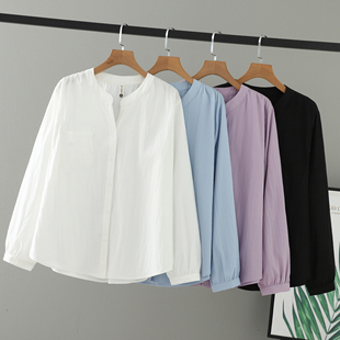 2025女装 女衬衫 V领纯色别致大码 宽松时尚 单口袋衬衣 长袖 胖mm秋装