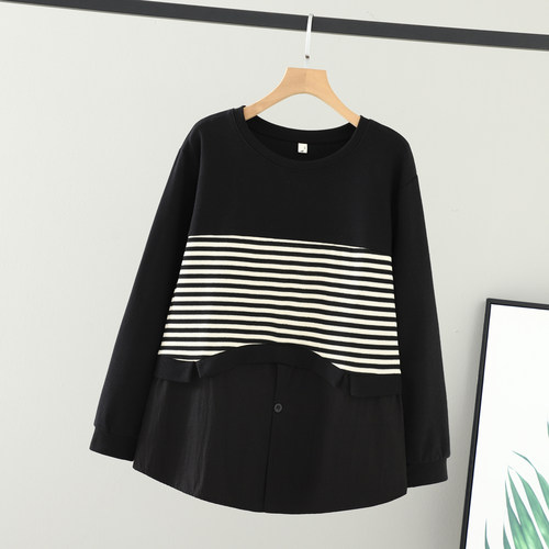 条纹拼接圆领女T恤长袖