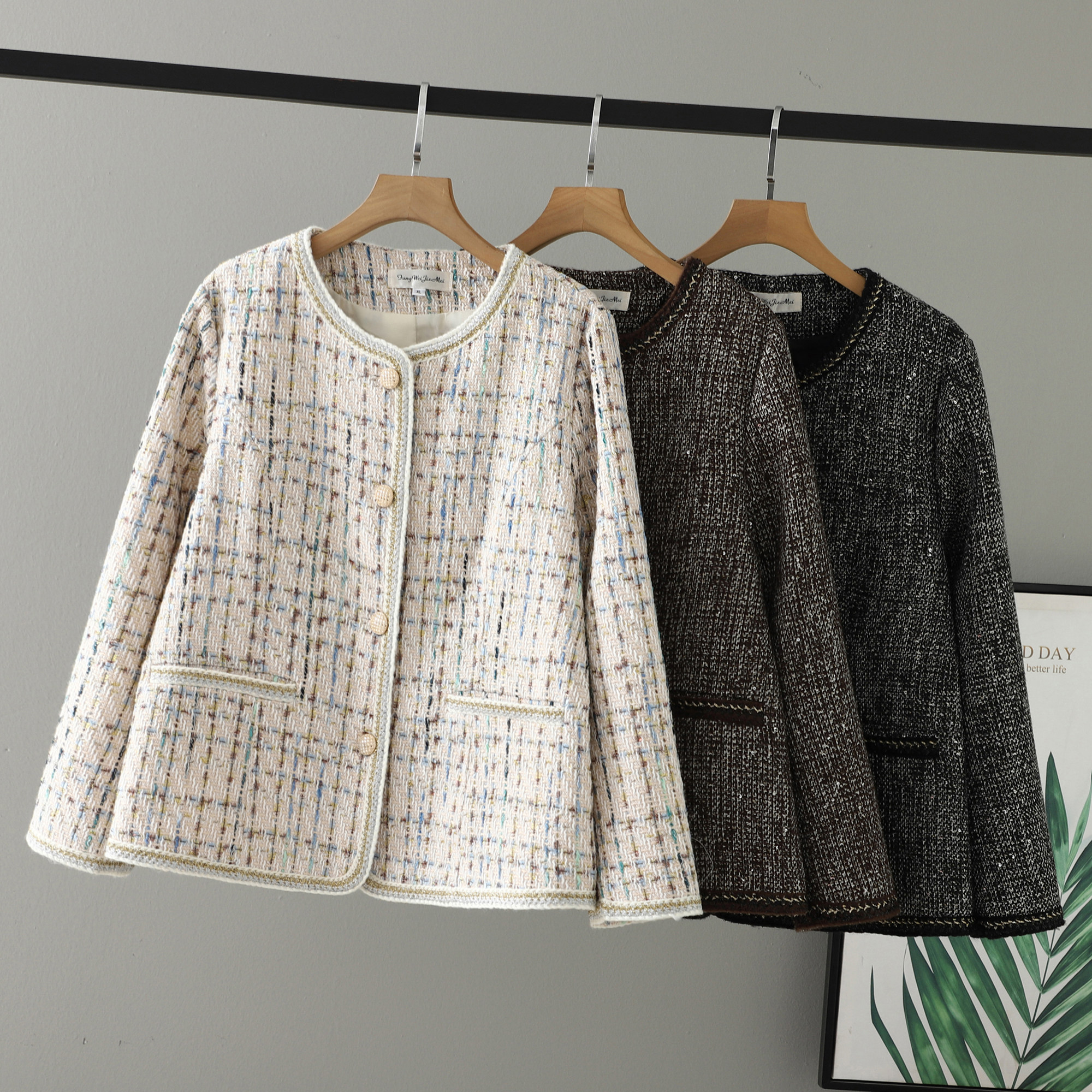 2026胖mm大码女装春装新款中年圆领亮片宽松拼接外套小香风上衣女