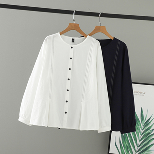 圆领上衣女大码 春装 长袖 压褶设计感明线装 2026胖mm新款 饰衬衫 女装