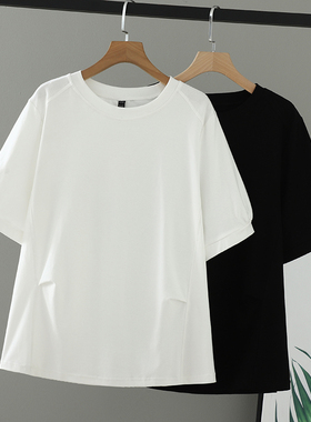 2025加肥加大码女装新款胖妹妹夏装短袖女T恤压褶纯色圆领上衣