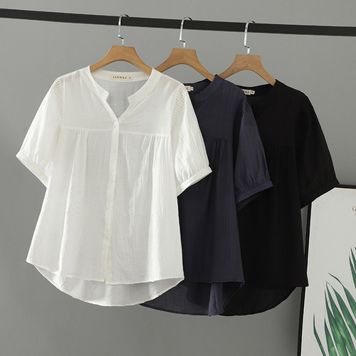 短袖衬衫女V领开衫休闲衬衣