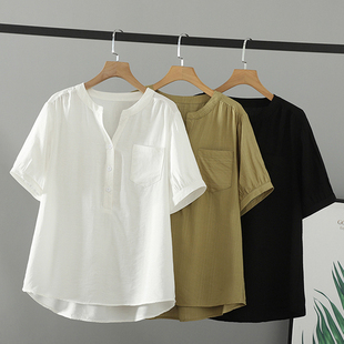 棉麻V领衬衫 胖mm夏装 女装 200斤大码 女套头百搭三粒扣遮肉上衣 短袖