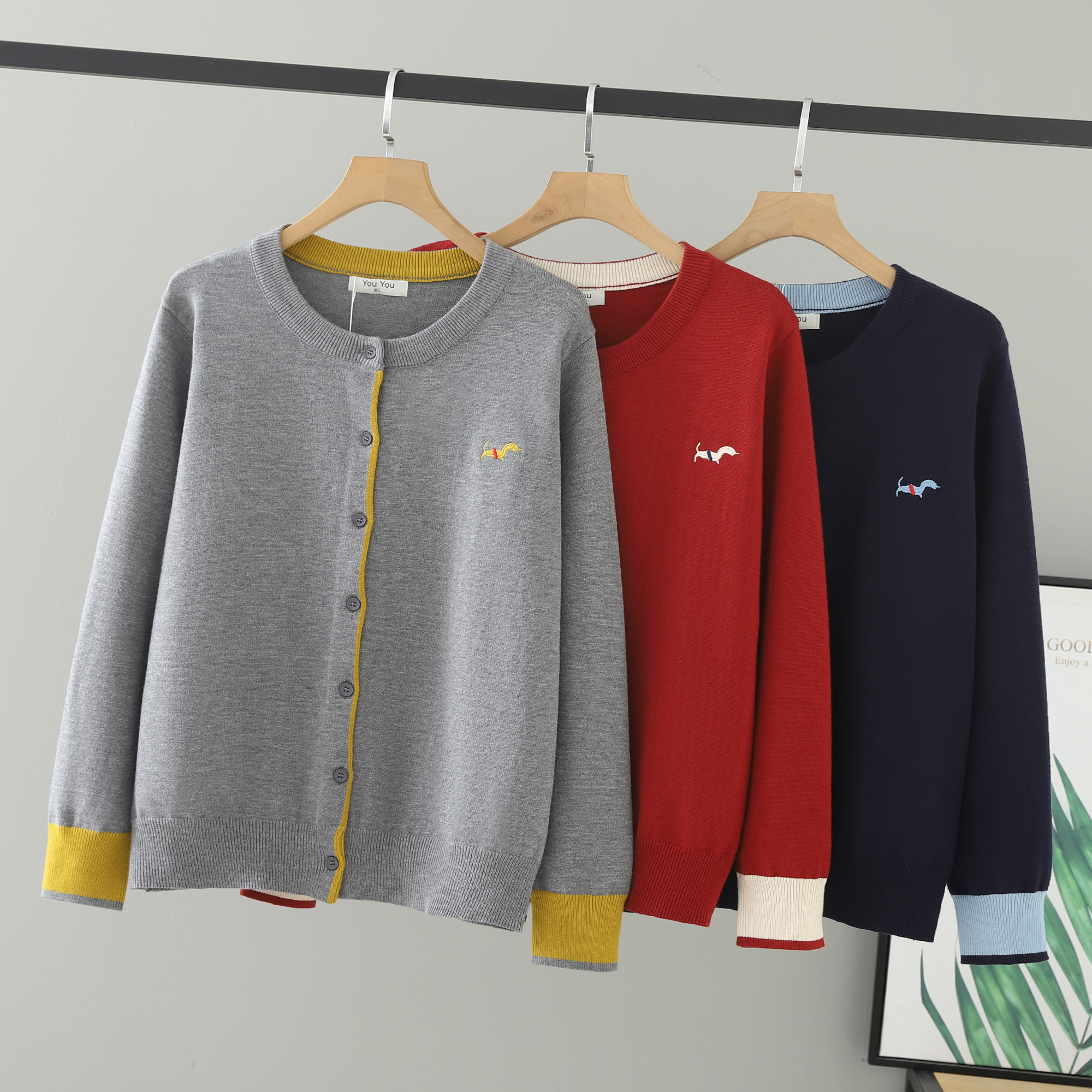 大码针织衫刺绣撞色拼接中年上衣