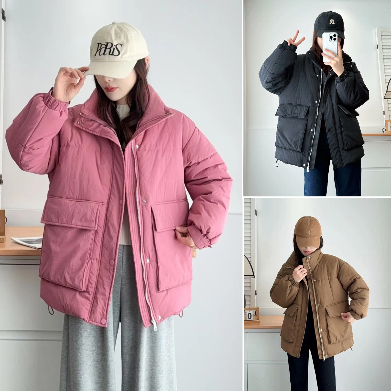 2025新款加肥加大码女装胖妹妹冬装中年纯色大口袋女棉衣立领棉袄