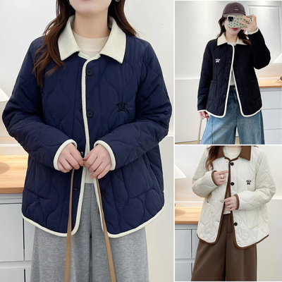 胖妹妹翻领拼色刺绣字母W棉服女