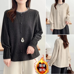 大码女装2025冬装胖妹妹新款中年花边褶皱双面绒女上衣圆领打底衫
