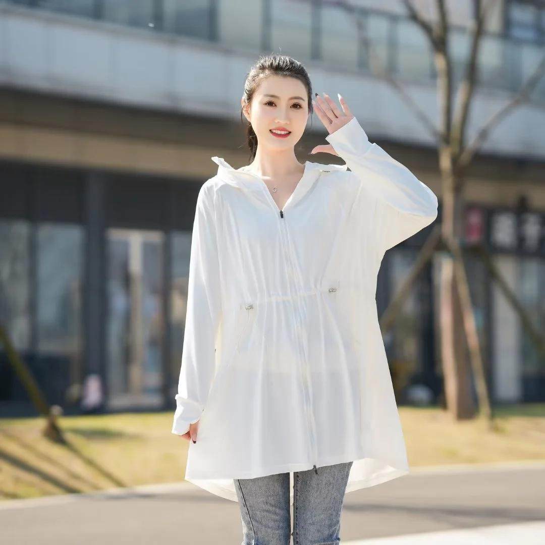 胖mm夏装可脱帽檐长袖连帽中长款防晒衣女大码收腰防晒服薄外套