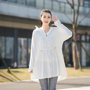 胖mm夏装可脱帽檐长袖连帽中长款防晒衣女大码收腰防晒服薄外套