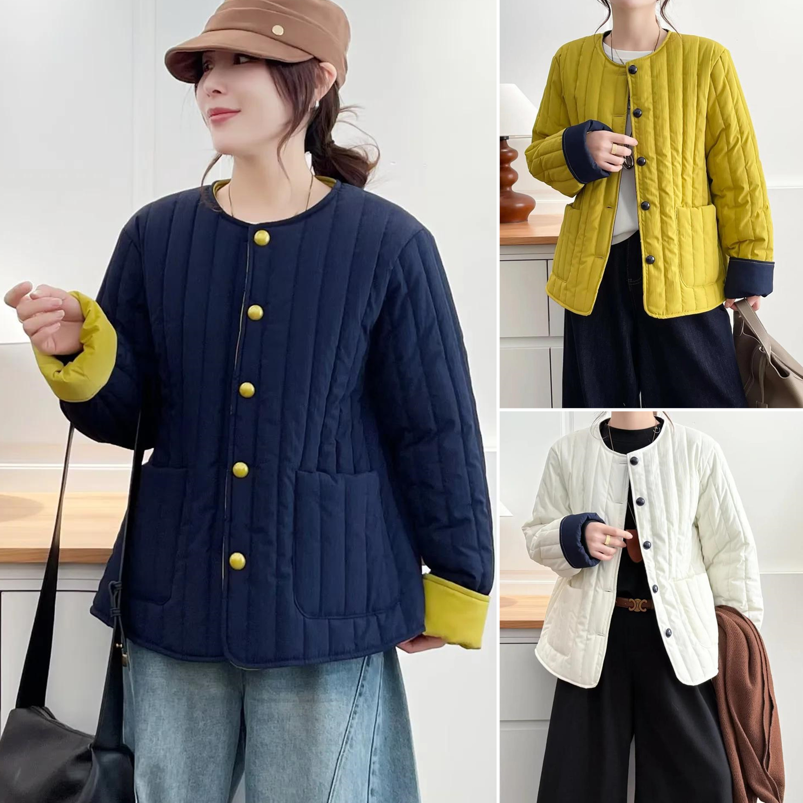 大码女装竖纹压棉棉服女