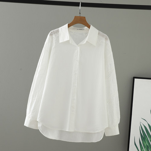 刺绣镂空弧形下摆长袖衬衣女