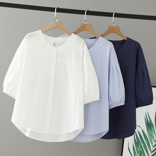 胖mm夏装加肥加大码圆领衬衫
