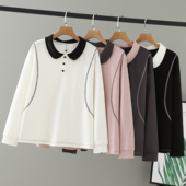 2025秋装 撞色女T恤 上衣长袖 女装 胖妹妹明线设计藏肉POLO领大码