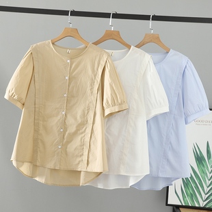 圆领设计感开衫 女装 显瘦短袖 衬衫 上衣 2026胖mm夏装 女纯色大码 新款