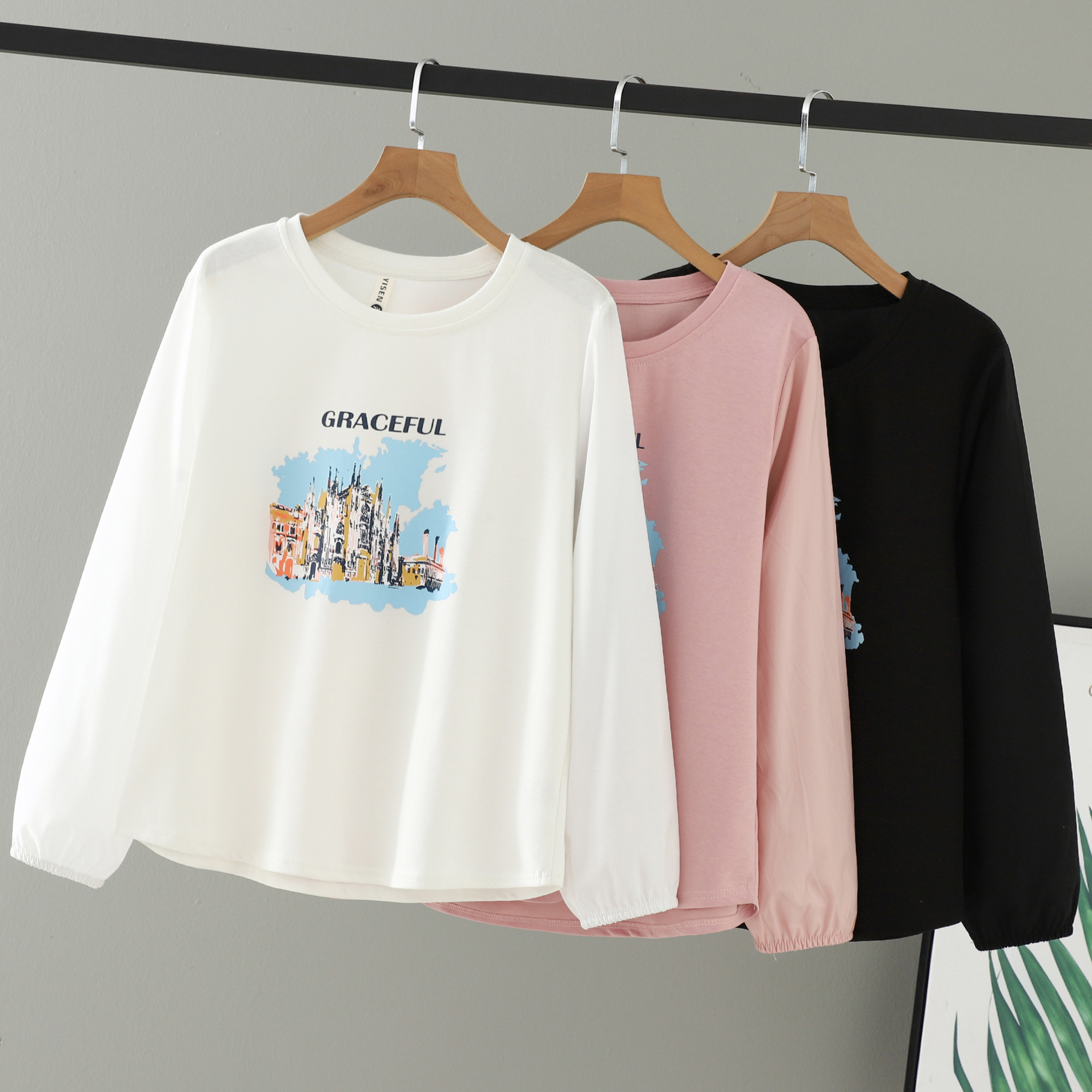 印花拼接T恤圆领长袖纯色女上衣