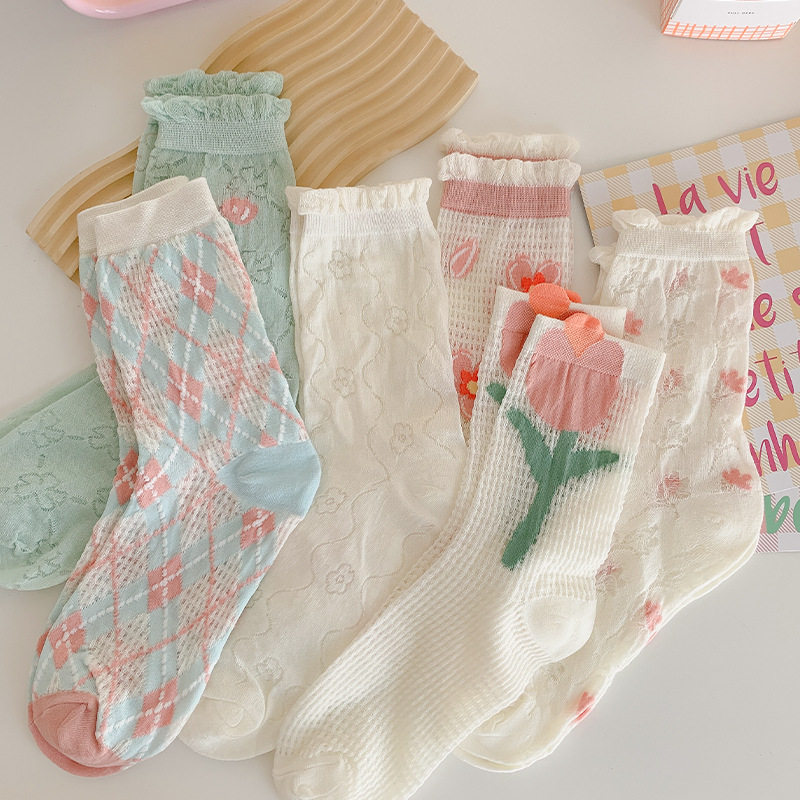 坚果妈咪 郁金香袜子女中筒袜夏季薄款网眼日系甜美可爱长袜夏天,女士内衣/男士内衣/家居服,连裤袜/打底袜,淘宝优惠券,粉丝福利购,淘宝优惠卷