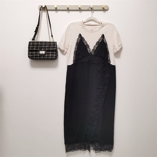 2023两件拼接粉色黑纱连衣裙宽松短袖大码微胖显瘦牛仔裙花边吊带