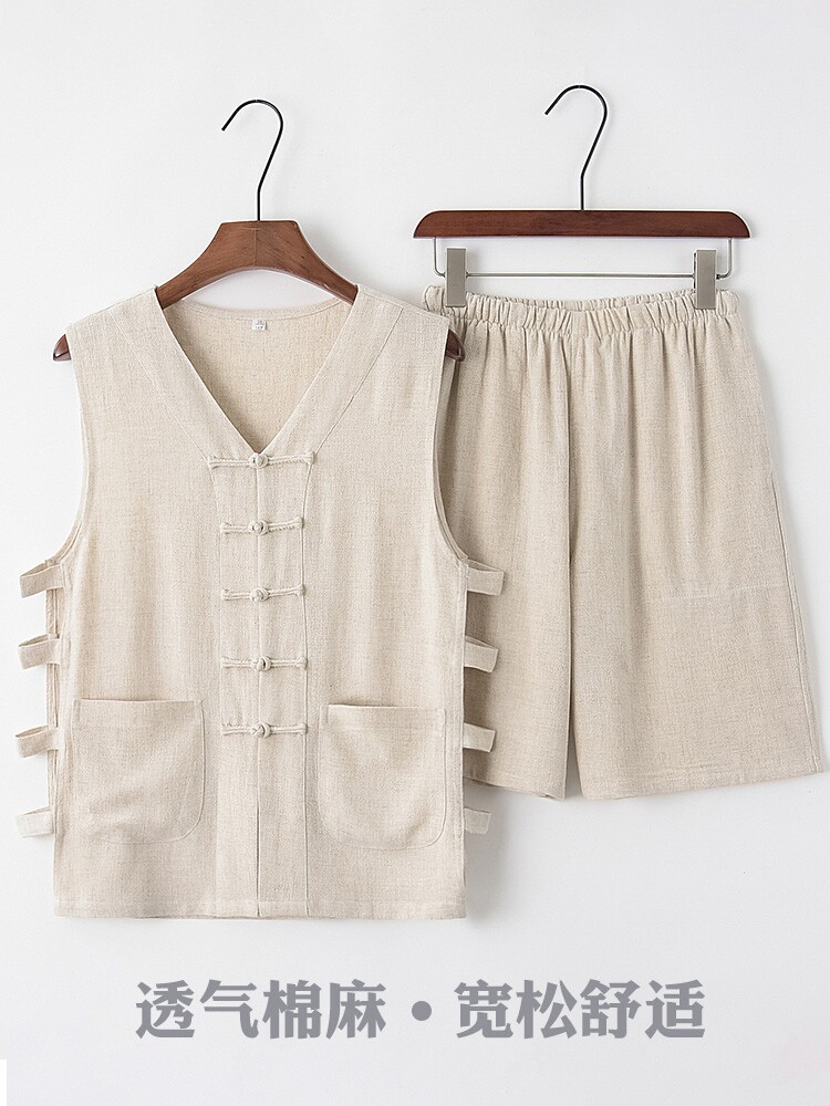 MIDDLE-AGED AND ELDERLY TANG COSTUME MEN SLEEVELESS VEST CHINESE STYLE MENS VEST RETRO HORSE COAT SHORTS COTTON LINEN SHOULDER T-SHIRT MEN