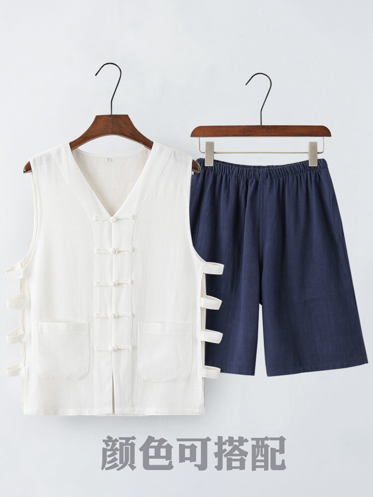 MIDDLE-AGED AND ELDERLY TANG COSTUME MEN SLEEVELESS VEST CHINESE STYLE MENS VEST RETRO HORSE COAT SHORTS COTTON LINEN SHOULDER T-SHIRT MEN