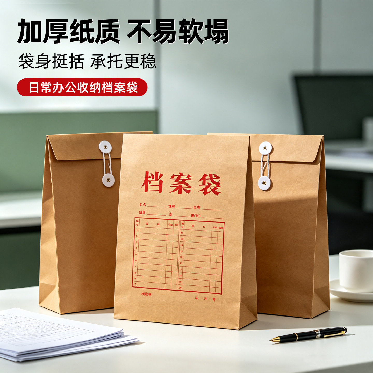 牛皮纸档案袋280g加厚50/100个装A4可定制无酸纸办公用品资料袋
