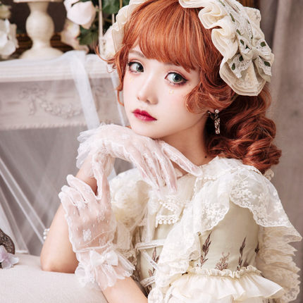 原创洛丽塔花嫁少女蕾丝生成米白色lolita手套蝴蝶结珍珠汉洋折衷
